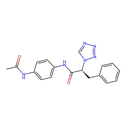 (2S)-N-[4-(acetylamino)phenyl]-3-phenyl-2-(1H-tetrazol-1-yl)propanamide structure