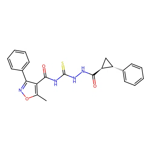 5-methyl-3-phenyl-N-(2-((1S,2S)-2-phenylcyclopropanecarbonyl)hydrazinecarbonothioyl)isoxazole-4-carboxamide structure