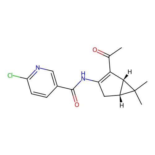 N-((1S,5R)-2-acetyl-6,6-dimethylbicyclo[3.1.0]hex-2-en-3-yl)-6-chloronicotinamide structure