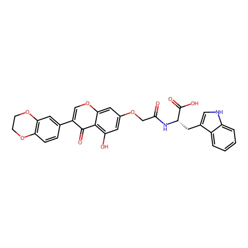 (2S)-2-[[2-[3-(2,3-dihydro-1,4-benzodioxin-6-yl)-5-hydroxy-4-oxochromen-7-yl]oxyacetyl]amino]-3-(1H-indol-3-yl)propanoic acid structure