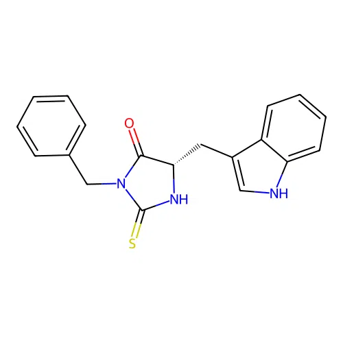 (S)-5-((1H-indol-3-yl)methyl)-3-benzyl-2-thioxoimidazolidin-4-one structure
