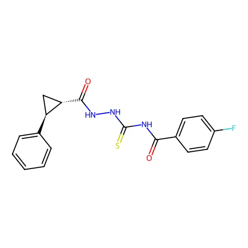 4-fluoro-N-(2-((1S,2S)-2-phenylcyclopropanecarbonyl)hydrazinecarbonothioyl)benzamide structure