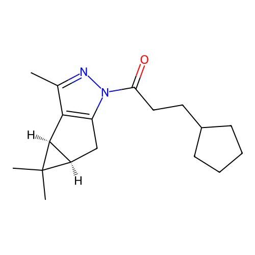3-cyclopentyl-1-((3bS,4aR)-3,4,4-trimethyl-3b,4,4a,5-tetrahydro-1H-cyclopropa[3,4]cyclopenta[1,2-c]pyrazol-1-yl)propan-1-one structure