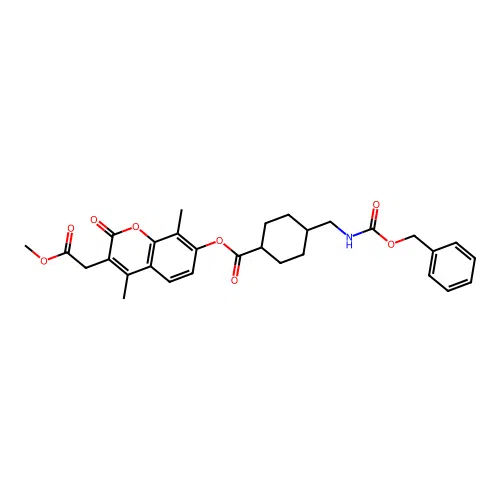 (1r,4r)-3-(2-methoxy-2-oxoethyl)-4,8-dimethyl-2-oxo-2H-chromen-7-yl 4-((((benzyloxy)carbonyl)amino)methyl)cyclohexanecarboxylate structure