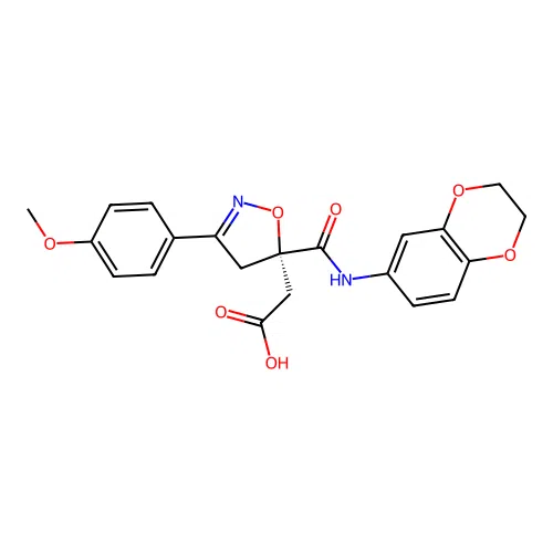 (S)-2-(5-((2,3-dihydrobenzo[b][1,4]dioxin-6-yl)carbamoyl)-3-(4-methoxyphenyl)-4,5-dihydroisoxazol-5-yl)acetic acid structure