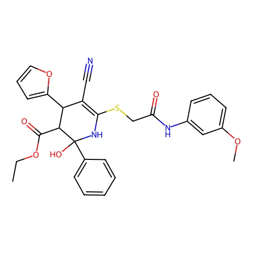ethyl 5-cyano-4-(furan-2-yl)-2-hydroxy-6-((2-((3-methoxyphenyl)amino)-2-oxoethyl)thio)-2-phenyl-1,2,3,4-tetrahydropyridine-3-carboxylate structure