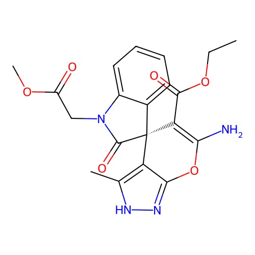 (S)-ethyl 6'-amino-1-(2-methoxy-2-oxoethyl)-3'-methyl-2-oxo-1'H-spiro[indoline-3,4'-pyrano[2,3-c]pyrazole]-5'-carboxylate structure