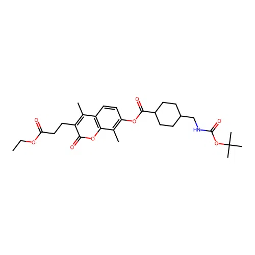(1r,4r)-3-(3-ethoxy-3-oxopropyl)-4,8-dimethyl-2-oxo-2H-chromen-7-yl 4-(((tert-butoxycarbonyl)amino)methyl)cyclohexanecarboxylate structure