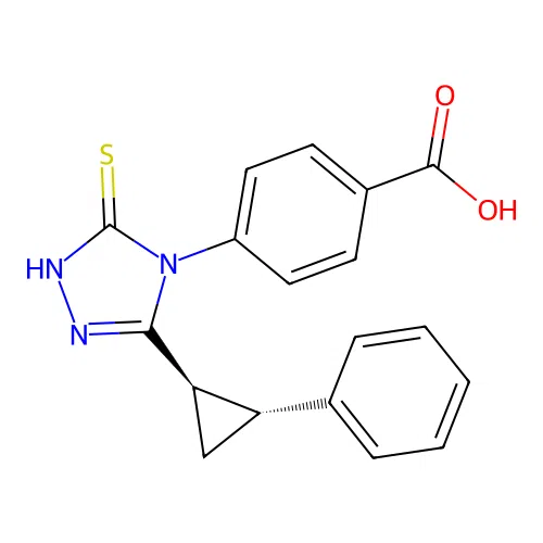 4-(3-mercapto-5-((1R,2R)-2-phenylcyclopropyl)-4H-1,2,4-triazol-4-yl)benzoic acid structure