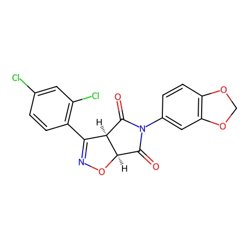 (3aR,6aS)-5-(1,3-benzodioxol-5-yl)-3-(2,4-dichlorophenyl)-3a,6a-dihydropyrrolo[3,4-d][1,2]oxazole-4,6-dione structure