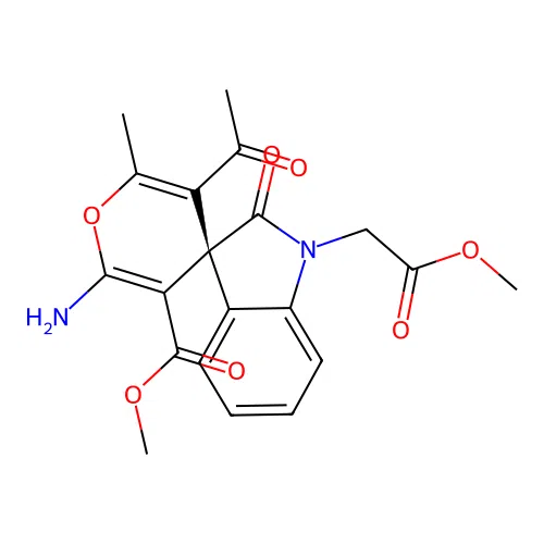 (S)-methyl 3'-acetyl-6'-amino-1-(2-methoxy-2-oxoethyl)-2'-methyl-2-oxospiro[indoline-3,4'-pyran]-5'-carboxylate structure