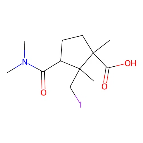3-(Dimethylcarbamoyl)-2-(iodomethyl)-1,2-dimethylcyclopentanecarboxylic acid structure