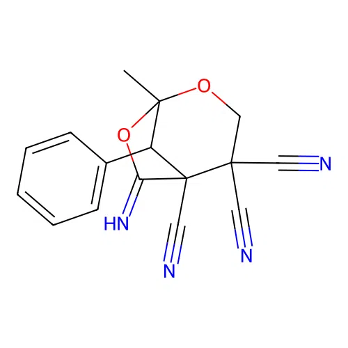 6-Imino-1-methyl-8-phenyl-2,7-dioxabicyclo[3.2.1]octane-4,4,5-tricarbonitrile structure