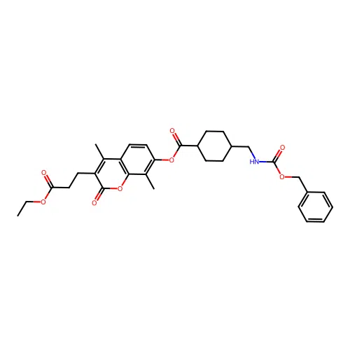 (1r,4r)-3-(3-ethoxy-3-oxopropyl)-4,8-dimethyl-2-oxo-2H-chromen-7-yl 4-((((benzyloxy)carbonyl)amino)methyl)cyclohexanecarboxylate structure
