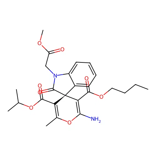 (S)-3'-butyl 5'-isopropyl 2'-amino-1-(2-methoxy-2-oxoethyl)-6'-methyl-2-oxospiro[indoline-3,4'-pyran]-3',5'-dicarboxylate structure