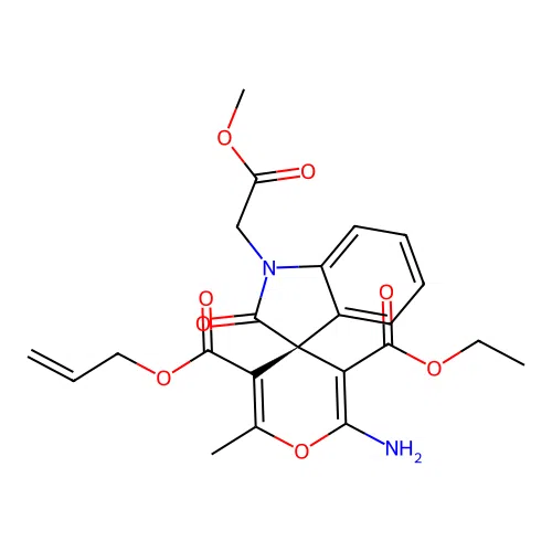 (S)-5'-allyl 3'-ethyl 2'-amino-1-(2-methoxy-2-oxoethyl)-6'-methyl-2-oxospiro[indoline-3,4'-pyran]-3',5'-dicarboxylate structure