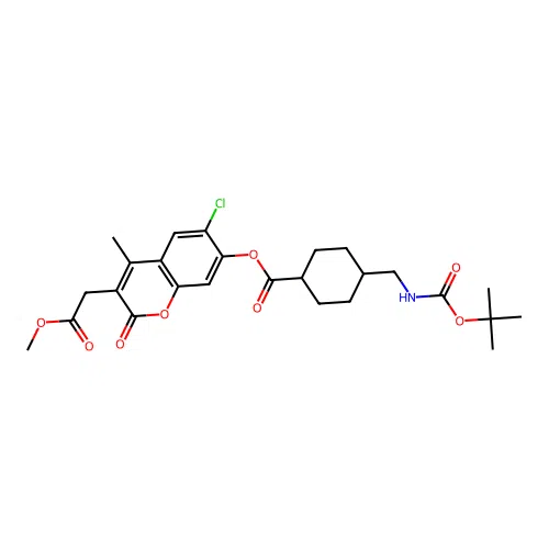 (1r,4r)-6-chloro-3-(2-methoxy-2-oxoethyl)-4-methyl-2-oxo-2H-chromen-7-yl 4-(((tert-butoxycarbonyl)amino)methyl)cyclohexanecarboxylate structure