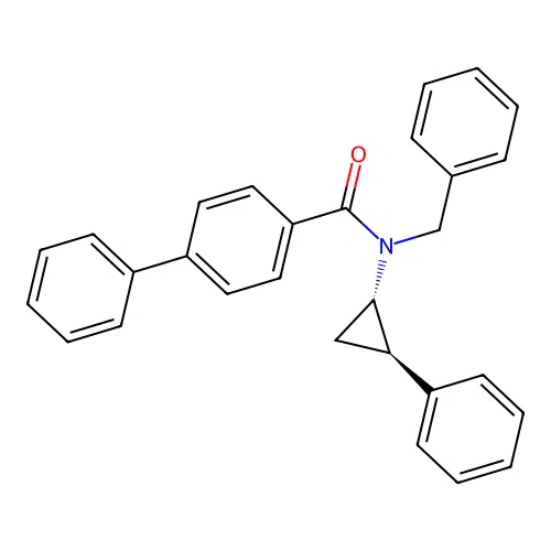 N-benzyl-N-[(1S,2R)-2-phenylcyclopropyl]biphenyl-4-carboxamide structure
