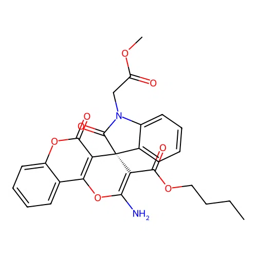 (S)-butyl 2'-amino-1-(2-methoxy-2-oxoethyl)-2,5'-dioxo-5'H-spiro[indoline-3,4'-pyrano[3,2-c]chromene]-3'-carboxylate structure