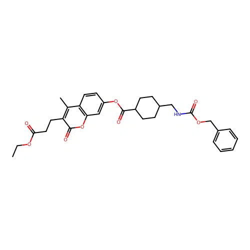 (1r,4r)-3-(3-ethoxy-3-oxopropyl)-4-methyl-2-oxo-2H-chromen-7-yl 4-((((benzyloxy)carbonyl)amino)methyl)cyclohexanecarboxylate structure