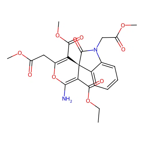 (S)-3'-ethyl 5'-methyl 2'-amino-1,6'-bis(2-methoxy-2-oxoethyl)-2-oxospiro[indoline-3,4'-pyran]-3',5'-dicarboxylate structure