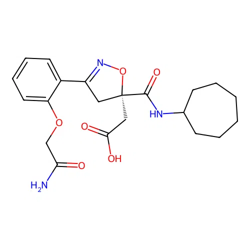 (S)-2-(3-(2-(2-amino-2-oxoethoxy)phenyl)-5-(cycloheptylcarbamoyl)-4,5-dihydroisoxazol-5-yl)acetic acid structure