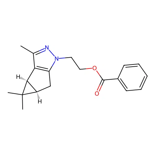 2-((3bS,4aR)-3,4,4-trimethyl-3b,4,4a,5-tetrahydro-1H-cyclopropa[3,4]cyclopenta[1,2-c]pyrazol-1-yl)ethyl benzoate structure