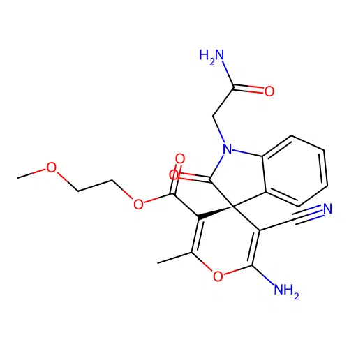 (R)-2-methoxyethyl 2'-amino-1-(2-amino-2-oxoethyl)-3'-cyano-6'-methyl-2-oxospiro[indoline-3,4'-pyran]-5'-carboxylate structure