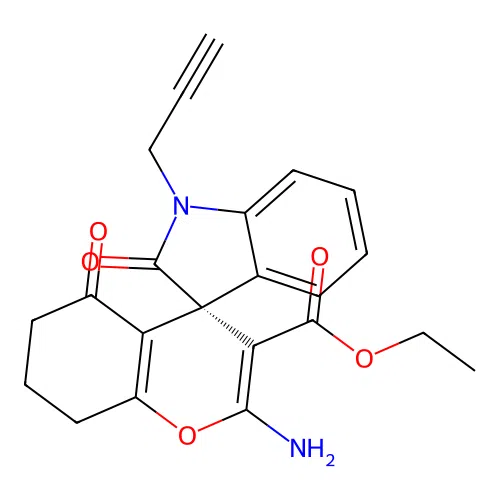 (S)-ethyl 2-amino-2',5-dioxo-1'-(prop-2-yn-1-yl)-5,6,7,8-tetrahydrospiro[chromene-4,3'-indoline]-3-carboxylate structure