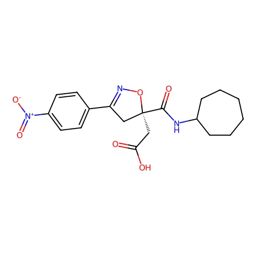 2-[(5S)-5-(cycloheptylcarbamoyl)-3-(4-nitrophenyl)-4H-1,2-oxazol-5-yl]acetic Acid structure
