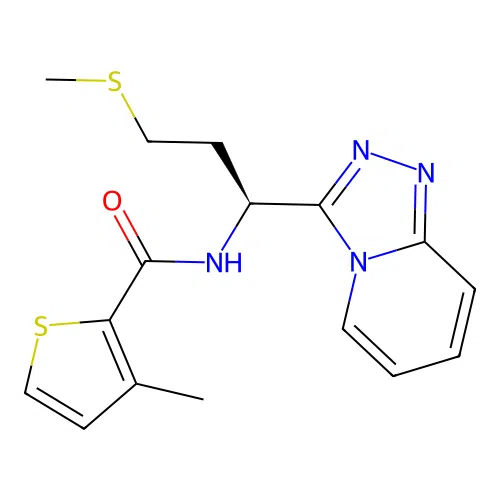 (S)-N-(1-([1,2,4]triazolo[4,3-a]pyridin-3-yl)-3-(methylthio)propyl)-3-methylthiophene-2-carboxamide structure
