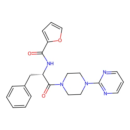 N-[(2S)-1-oxo-3-phenyl-1-(4-pyrimidin-2-ylpiperazin-1-yl)propan-2-yl]furan-2-carboxamide structure
