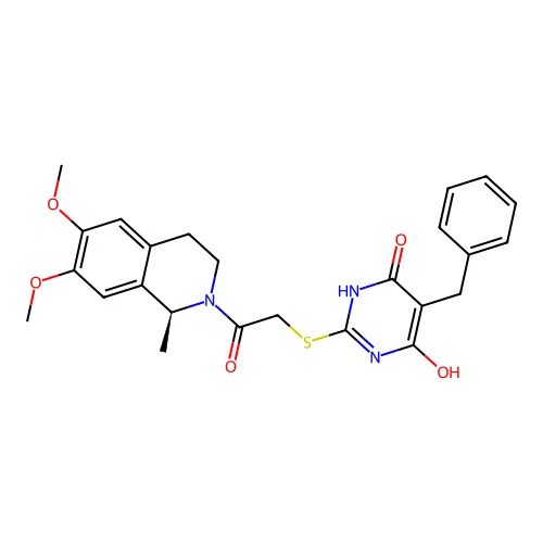 (S)-5-benzyl-2-((2-(6,7-dimethoxy-1-methyl-3,4-dihydroisoquinolin-2(1H)-yl)-2-oxoethyl)thio)-6-hydroxypyrimidin-4(3H)-one structure