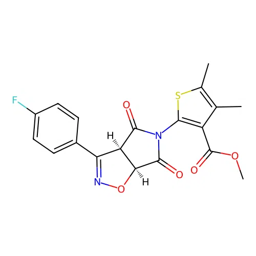 methyl 2-((3aR,6aS)-3-(4-fluorophenyl)-4,6-dioxo-6,6a-dihydro-3aH-pyrrolo[3,4-d]isoxazol-5(4H)-yl)-4,5-dimethylthiophene-3-carboxylate structure