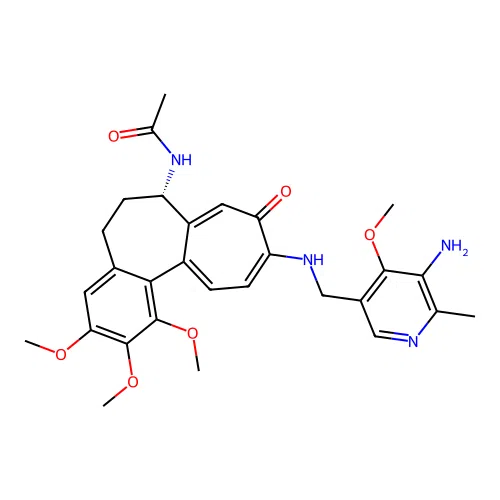 (7S,10E)-7-(acetylamino)-10-{[(5-amino-4-methoxy-6-methylpyridin-3-yl)methyl]iminio}-1,2,3-trimethoxy-5,6,7,10-tetrahydrobenzo[a]heptalen-9-olate structure