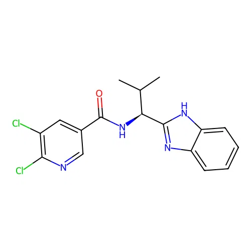 N-[(1S)-1-(1H-1,3-benzodiazol-2-yl)-2-methylpropyl]-5,6-dichloropyridine-3-carboxamide structure
