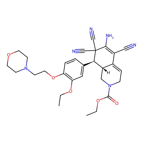 (8S,8aR)-ethyl 6-amino-5,7,7-tricyano-8-(3-ethoxy-4-(2-morpholinoethoxy)phenyl)-1,7,8,8a-tetrahydroisoquinoline-2(3H)-carboxylate structure