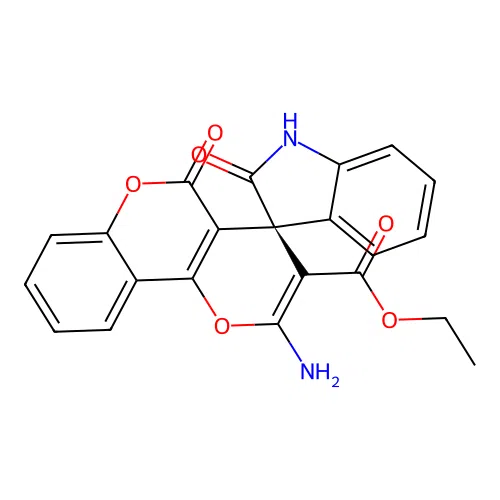 ethyl (3R)-2'-amino-2,5'-dioxospiro[1H-indole-3,4'-pyrano[3,2-c]chromene]-3'-carboxylate structure
