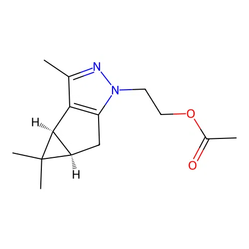 2-((3bS,4aR)-3,4,4-trimethyl-3b,4,4a,5-tetrahydro-1H-cyclopropa[3,4]cyclopenta[1,2-c]pyrazol-1-yl)ethyl acetate structure