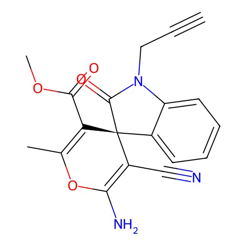 (R)-methyl 2'-amino-3'-cyano-6'-methyl-2-oxo-1-(prop-2-yn-1-yl)spiro[indoline-3,4'-pyran]-5'-carboxylate structure