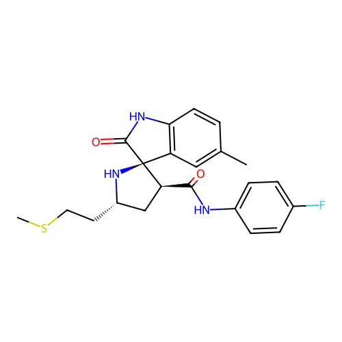 (2'R,3'S,5'R)-N-(4-fluorophenyl)-5-methyl-5'-(2-(methylthio)ethyl)-2-oxospiro[indoline-3,2'-pyrrolidine]-3'-carboxamide structure