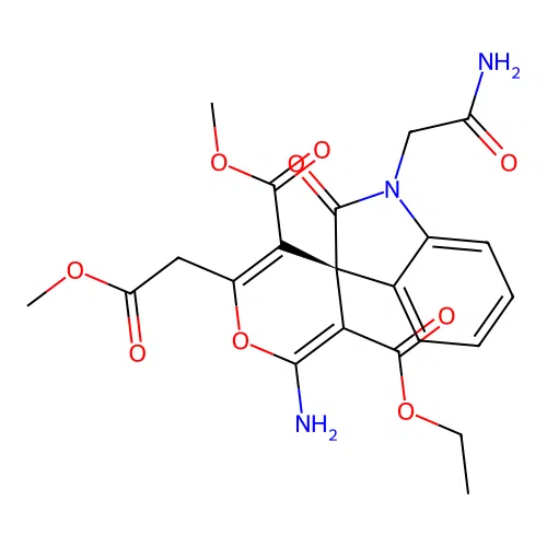 (S)-3'-ethyl 5'-methyl 2'-amino-1-(2-amino-2-oxoethyl)-6'-(2-methoxy-2-oxoethyl)-2-oxospiro[indoline-3,4'-pyran]-3',5'-dicarboxylate structure