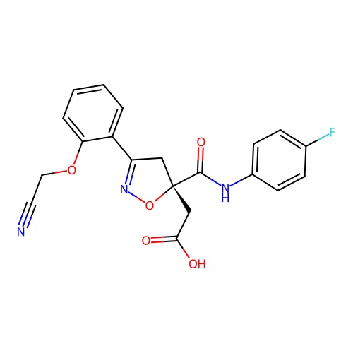 2-[(5S)-3-[2-(cyanomethoxy)phenyl]-5-[(4-fluorophenyl)carbamoyl]-4H-1,2-oxazol-5-yl]acetic Acid structure