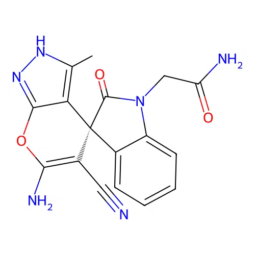 (S)-2-(6'-amino-5'-cyano-3'-methyl-2-oxo-1'H-spiro[indoline-3,4'-pyrano[2,3-c]pyrazol]-1-yl)acetamide structure