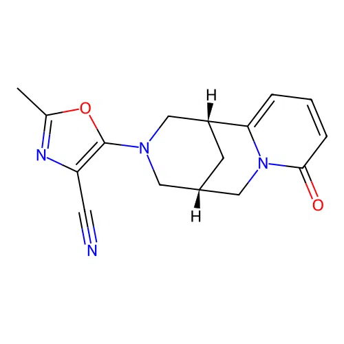 2-methyl-5-((1R,5S)-8-oxo-5,6-dihydro-1H-1,5-methanopyrido[1,2-a][1,5]diazocin-3(2H,4H,8H)-yl)oxazole-4-carbonitrile structure