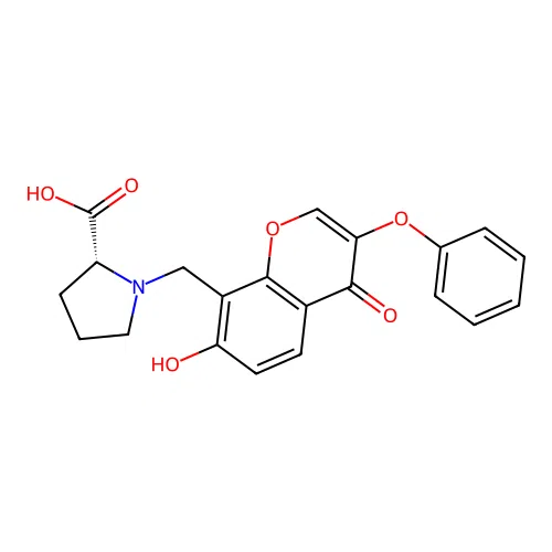 1-[(7-hydroxy-4-oxo-3-phenoxy-4H-chromen-8-yl)methyl]-D-proline structure