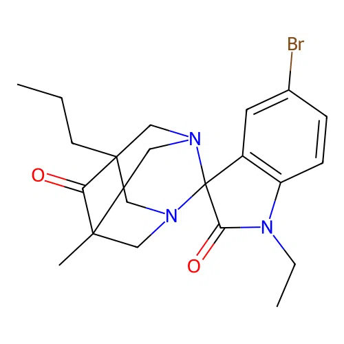 (1S,5R,7S)-5'-bromo-1'-ethyl-5-methyl-7-propyl-1,3-diazaspiro[adamantane-2,3'-indoline]-2',6-dione structure