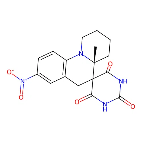 (4'aR)-4'a-methyl-8'-nitrospiro[1,3-diazinane-5,5'-2,3,4,6-tetrahydro-1H-benzo[c]quinolizine]-2,4,6-trione structure