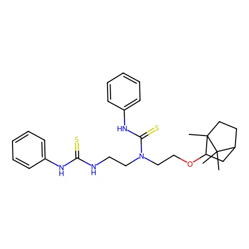 3-phenyl-1-{2-[(phenylcarbamothioyl)amino]ethyl}-1-{2-[(1,7,7-trimethylbicyclo[2.2.1]hept-2-yl)oxy]ethyl}thiourea (non-preferred name) structure