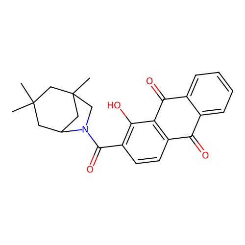 1-hydroxy-2-(3,3,5-trimethyl-7-azabicyclo[3.2.1]octane-7-carbonyl)anthracene-9,10-dione structure